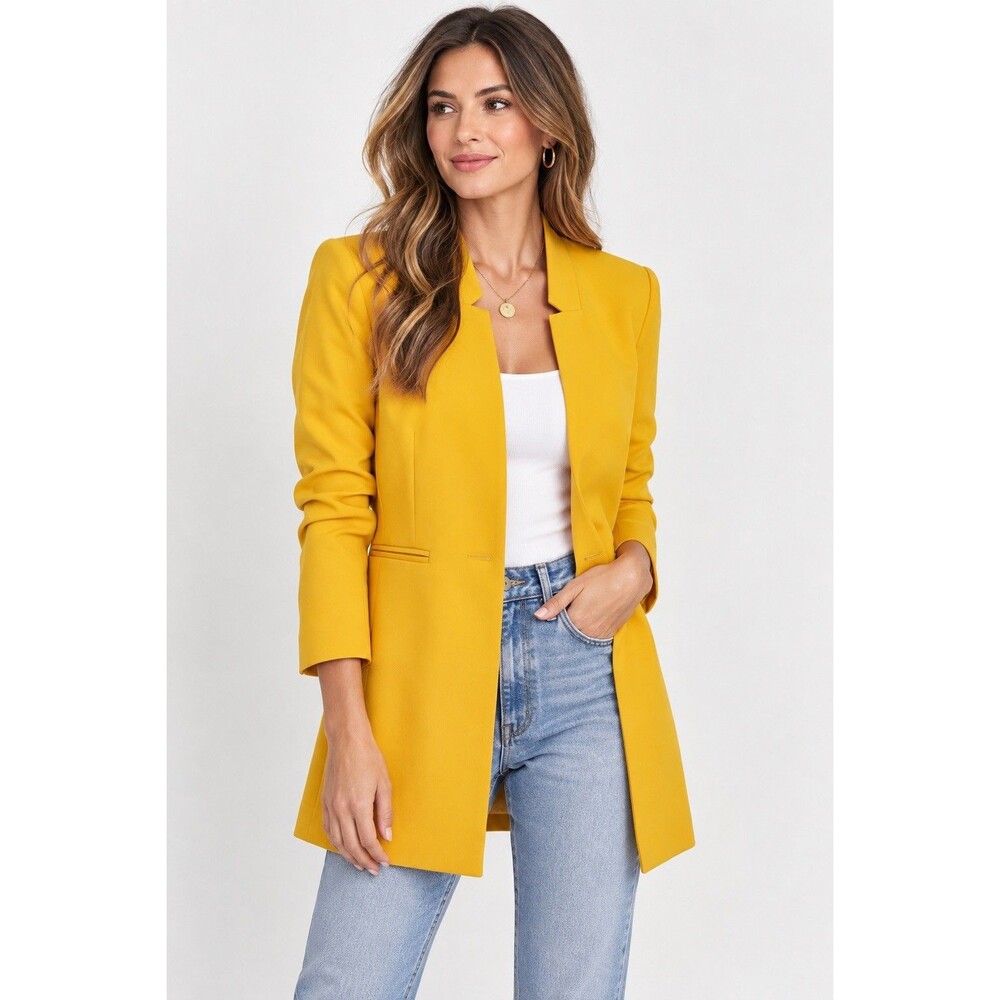 Zara Women’s Mustard Yellow Longline Blazer Tailored Open Front Career Statement